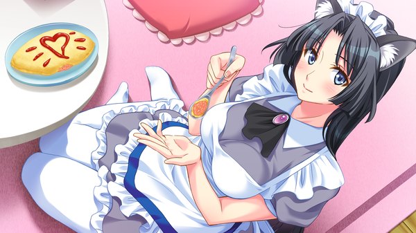 Anime picture 2048x1152 with no pantsu!! kajiki aiko bomi long hair highres blue eyes black hair wide image animal ears game cg cat ears maid girl apron
