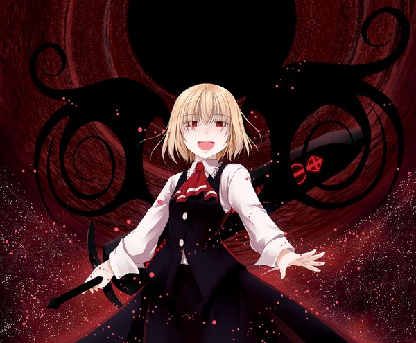 Anime picture 1453x1200 with touhou rumia crote single short hair open mouth blonde hair red eyes girl dress weapon sword