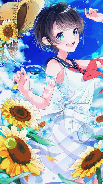 Anime picture 1641x2918 with virtual youtuber hololive oozora subaru muto (n0sug4r) single tall image short hair open mouth blue eyes black hair sky cloud (clouds) :d sleeveless sailor collar hat removed headwear removed girl flower (flowers) earrings