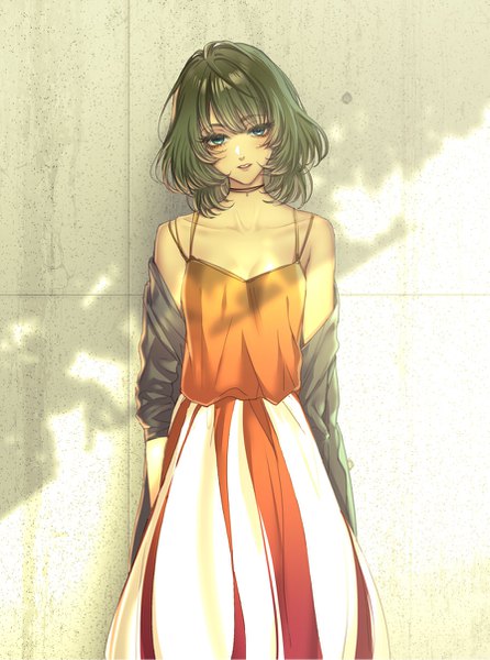 Anime picture 895x1205 with idolmaster idolmaster cinderella girls takagaki kaede ohagi (ymnky) single long hair tall image looking at viewer fringe breasts blue eyes standing bare shoulders parted lips head tilt green hair sunlight off shoulder mole mole under eye