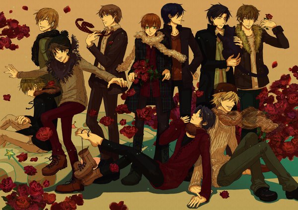 Anime picture 1600x1132 with sekaiichi hatsukoi takano masamune onodera ritsu yoshino chiaki kisa shouta yukina kou hatori yoshiyuki kanade mino kirishima zen yokozawa takafumi short hair open mouth black hair simple background blonde hair smile brown hair sitting purple eyes green eyes