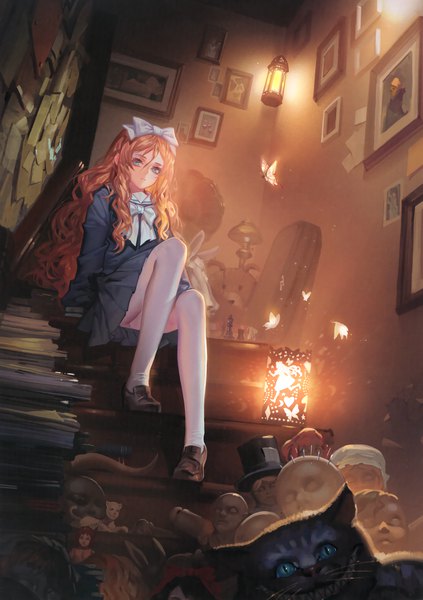 Anime picture 2326x3298 with alice in wonderland alice (alice in wonderland) cheshire cat alphonse (white datura) long hair tall image looking at viewer fringe highres blue eyes light erotic blonde hair hair between eyes sitting pleated skirt scan official art from below light wavy hair