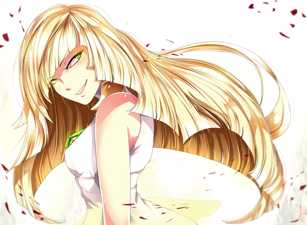 Anime picture 3380x2484 with pokemon pokemon sm nintendo lusamine (pokemon) invidiata single long hair fringe highres simple background blonde hair smile white background bare shoulders green eyes signed looking away absurdres upper body parted lips