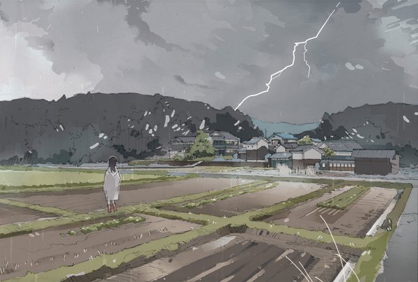 Anime picture 951x642 with original wamizu single long hair black hair standing sky full body from behind rain lightning field girl building (buildings) house raincoat