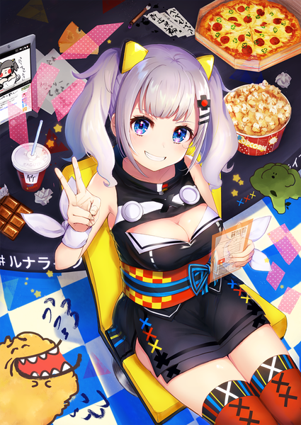 Anime picture 1254x1771 with virtual youtuber the moon studio kaguya luna omelet tomato single long hair tall image looking at viewer blush fringe breasts blue eyes light erotic smile large breasts sitting twintails holding payot cleavage