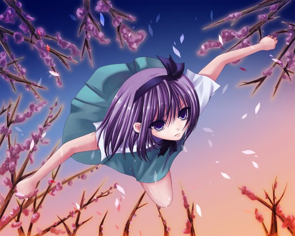 Anime picture 1280x1024 with touhou konpaku youmu yuuka nonoko single fringe short hair hair between eyes purple eyes looking away purple hair spread arms girl petals headband branch