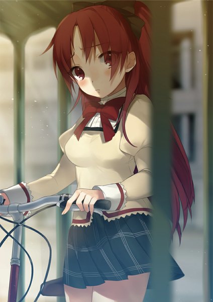 Anime picture 840x1188 with mahou shoujo madoka magica shaft (studio) sakura kyouko kippu single long hair tall image looking at viewer blush red eyes ponytail red hair wind alternate costume girl uniform bow hair bow school uniform ground vehicle