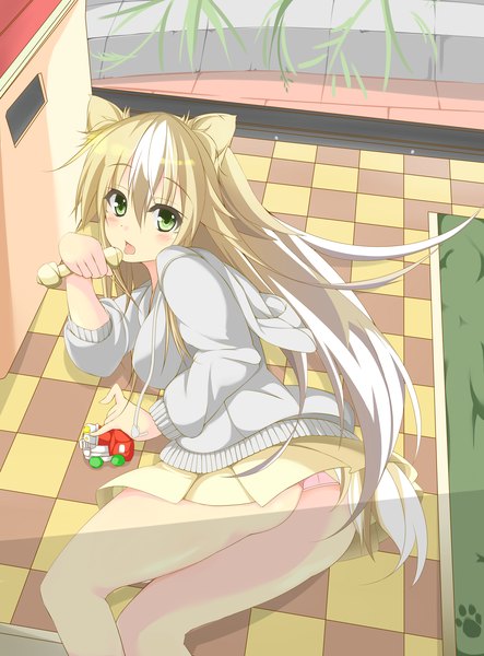 Anime picture 3180x4305 with original n.fox single long hair tall image looking at viewer blush highres open mouth light erotic blonde hair green eyes animal ears absurdres ass animal tail multicolored hair pantyshot legs girl