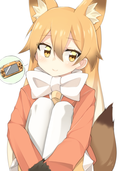 Anime picture 722x1020 with kemono friends ezo red fox (kemono friends) rateratte single long hair tall image blush fringe blonde hair smile hair between eyes white background sitting animal ears looking away tail head tilt animal tail pleated skirt orange eyes