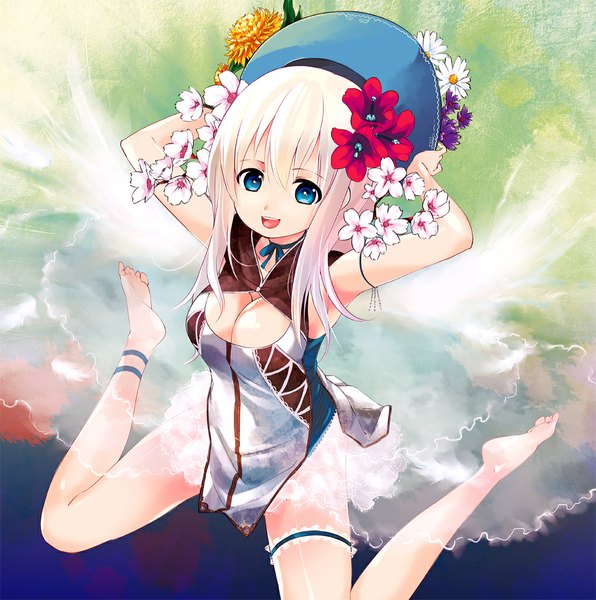 Anime picture 1017x1024 with original cloud palette (artist) single long hair tall image looking at viewer breasts open mouth blue eyes light erotic sitting pink hair cleavage :d barefoot hair flower armpit (armpits) spread legs wariza happy