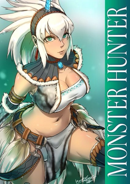 Anime picture 991x1400 with monster hunter kirin (armor) monster hunter (character) non (nonzile) single long hair tall image looking at viewer breasts light erotic large breasts white hair horn (horns) aqua eyes girl navel