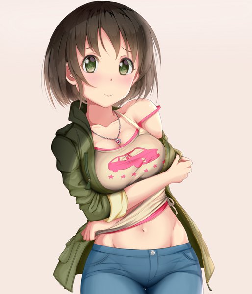 Anime picture 856x1000 with idolmaster idolmaster cinderella girls harada miyo fay (fay axl) single tall image looking at viewer blush fringe short hair breasts light erotic simple background smile brown hair standing green eyes off shoulder open jacket midriff