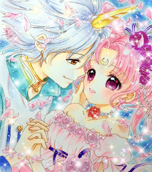 Anime picture 750x850 with bishoujo senshi sailor moon toei animation chibiusa princess usagi small lady helios aida kanon long hair tall image blush short hair open mouth smile twintails bare shoulders yellow eyes pink hair silver hair upper body profile pink eyes