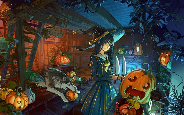 Anime picture 2160x1350 with original yuumei single highres blue eyes black hair smile signed indoors braid (braids) long sleeves twin braids halloween girl dress plant (plants) hat animal witch hat knife