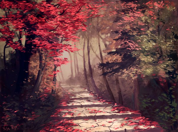 Anime picture 1500x1111 with original yusa-ryo no people landscape scenic autumn plant (plants) tree (trees) leaf (leaves) autumn leaves stain