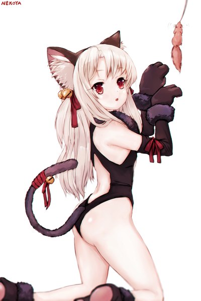 Anime picture 2200x3296 with fate (series) fate/kaleid liner prisma illya illyasviel von einzbern nekoya (liu) single long hair tall image looking at viewer blush fringe highres open mouth light erotic simple background red eyes white background animal ears ass white hair tail