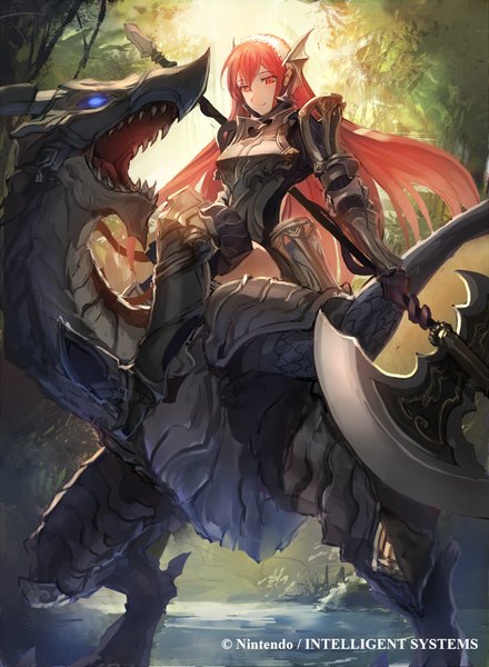 Anime picture 595x811 with fire emblem fire emblem awakening fire emblem cipher nintendo cherche (fire emblem) makai no juumin single long hair tall image fringe breasts open mouth sitting holding looking away sky outdoors pink eyes light smile orange hair