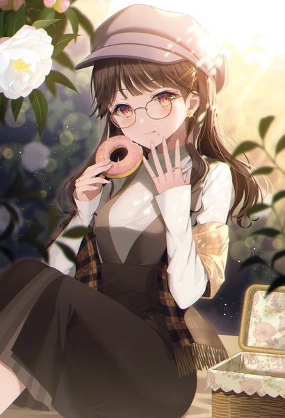 Anime picture 2381x3483 with original myusha single long hair tall image looking at viewer blush fringe highres brown hair sitting holding brown eyes blunt bangs long sleeves fingernails sunlight scan sparkle lens flare