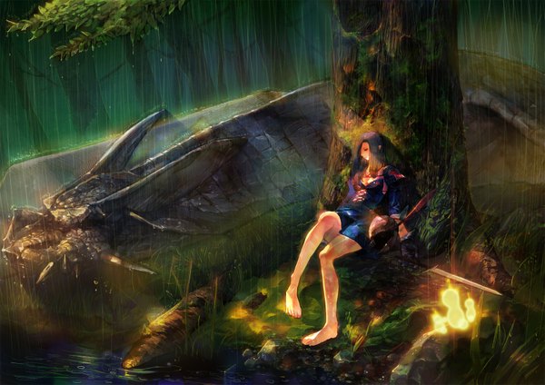 Anime picture 1600x1131 with doraji (pixiv) eyes closed barefoot legs rain girl dress weapon plant (plants) animal sword tree (trees) water dragon