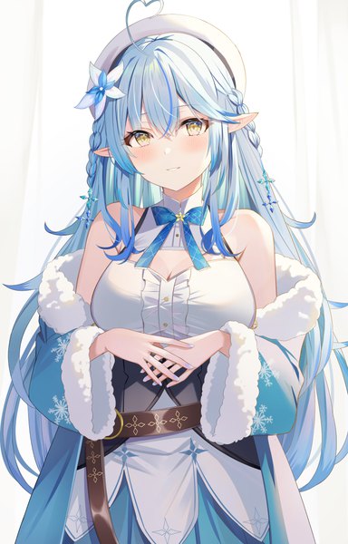 Anime picture 1600x2500 with virtual youtuber hololive yukihana lamy yukihana lamy (1st costume) sisoha single long hair tall image looking at viewer fringe breasts simple background smile hair between eyes large breasts standing white background bare shoulders yellow eyes blue hair