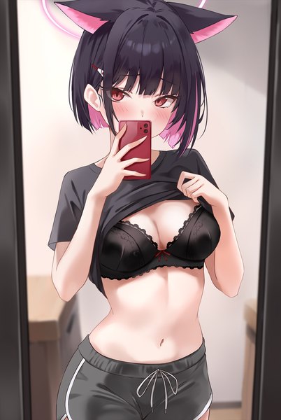 Anime picture 1066x1593 with blue archive kazusa (blue archive) marisasu (marisa0904) single tall image looking at viewer blush fringe short hair breasts light erotic black hair red eyes standing animal ears cleavage blunt bangs multicolored hair midriff colored inner hair