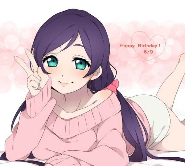 Anime picture 1000x900 with love live! school idol project sunrise (studio) love live! toujou nozomi sekina single long hair looking at viewer blush smile twintails purple hair aqua eyes low twintails victory on stomach happy birthday girl shorts sweater
