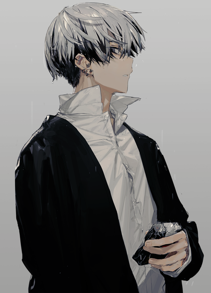 Anime picture 830x1152 with original hirota tsuu single tall image looking at viewer short hair simple background silver hair upper body profile multicolored hair grey background two-tone hair grey eyes piercing ear piercing rain open collar boy shirt
