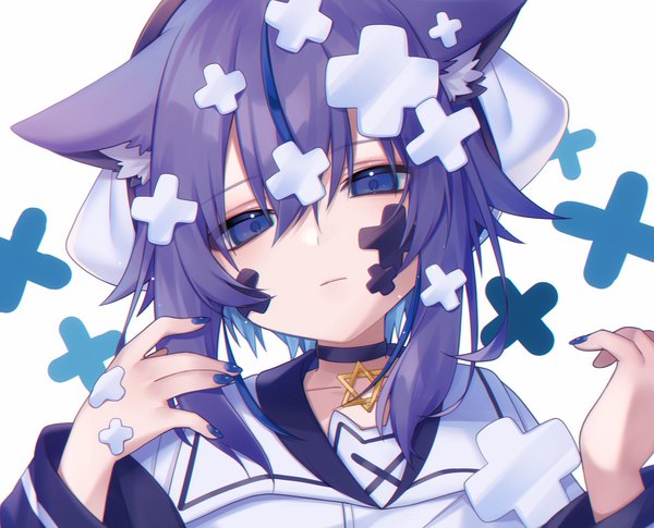 Anime picture 1990x1610 with virtual youtuber indie virtual youtuber asano yoru asano yoru (artist) single looking at viewer fringe highres short hair hair between eyes white background purple eyes animal ears purple hair upper body nail polish head tilt cat ears blue nail polish girl