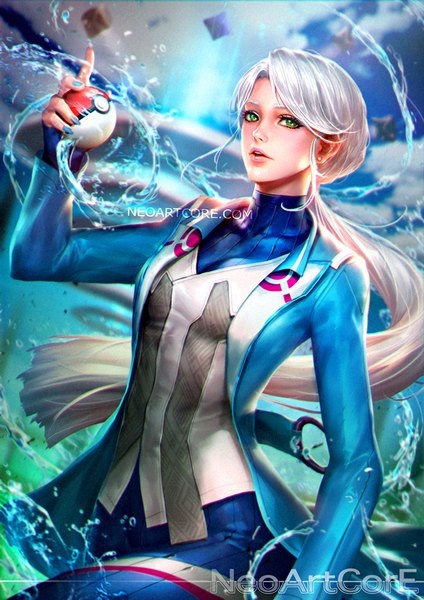 Anime picture 700x990 with pokemon pokemon (game) pokemon go nintendo blanche (pokemon) nudtawut thongmai single long hair tall image holding green eyes signed looking away sky silver hair cloud (clouds) ponytail nail polish parted lips fingernails
