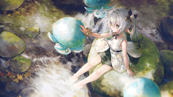 Anime picture 6033x3378 with genshin impact nahida (genshin impact) fungi (genshin impact) swkl:d single long hair fringe highres smile hair between eyes wide image green eyes payot looking away absurdres full body outdoors white hair multicolored hair from above