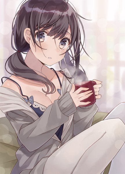 Anime picture 1018x1415 with original nagitoki single long hair tall image looking at viewer blush fringe hair between eyes brown hair sitting purple eyes twintails holding cleavage indoors parted lips low twintails lens flare sleeves past wrists