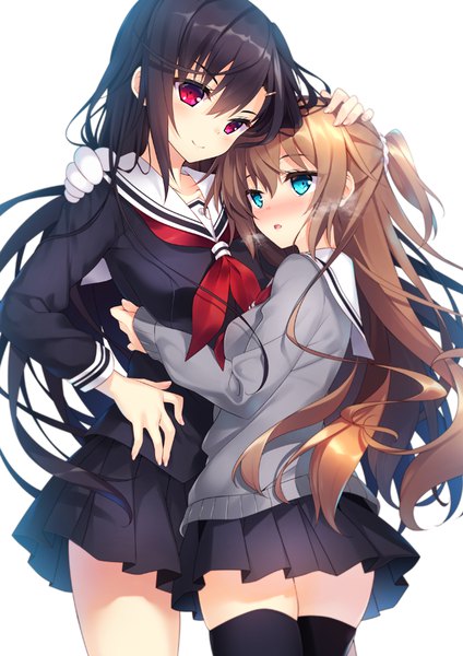 Anime picture 636x900 with original hayakawa harui long hair tall image blush open mouth blue eyes black hair red eyes brown hair white background multiple girls hug half updo girl thighhighs skirt uniform black thighhighs 2 girls