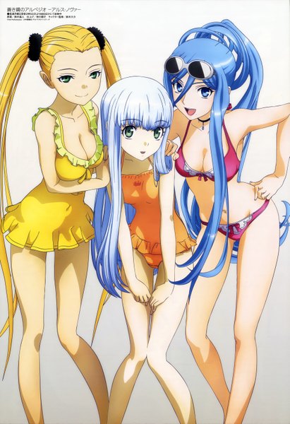 Anime picture 4067x5929 with aoki hagane no arpeggio megami magazine takao (aoki hagane no arpeggio) iona haruna (aoki hagane no arpeggio) long hair tall image highres open mouth blue eyes light erotic blonde hair smile hair between eyes twintails multiple girls green eyes blue hair absurdres silver hair