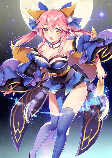 Anime picture 2480x3507 with fate (series) fate/extra tamamo (fate) (all) tamamo no mae (fate) may (2747513627) single long hair tall image looking at viewer blush highres open mouth light erotic smile twintails holding animal ears yellow eyes cleavage bent knee (knees)