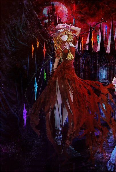 Anime picture 794x1169 with touhou flandre scarlet kirigo (artist) single long hair tall image looking at viewer blonde hair red eyes ponytail night night sky side ponytail red moon girl dress wings moon bonnet full moon