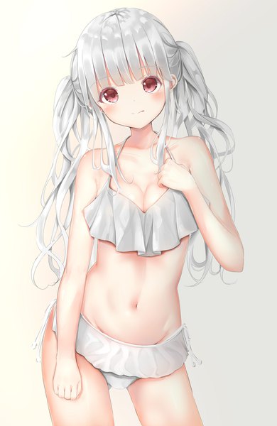 Anime picture 1288x1980 with original sashima single long hair tall image looking at viewer blush fringe breasts light erotic simple background red eyes standing twintails bare shoulders payot cleavage silver hair blunt bangs head tilt