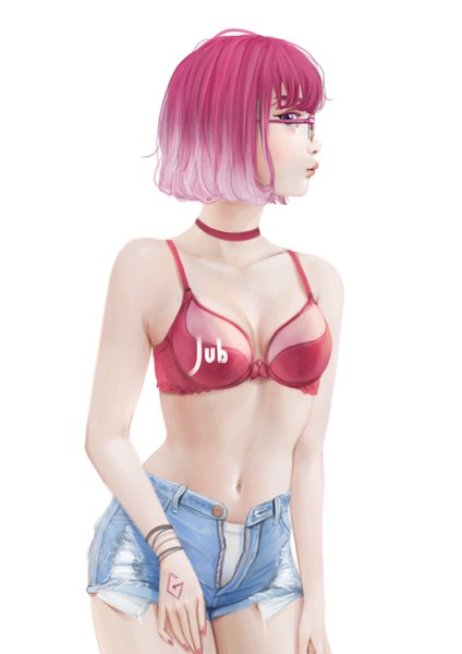 Anime picture 1920x2716 with original greyzie angel jubi (regiana) single tall image looking at viewer highres short hair breasts light erotic simple background white background purple eyes bare shoulders signed pink hair upper body nail polish profile realistic
