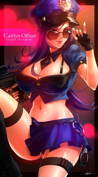 Anime picture 800x1440 with league of legends caitlyn (league of legends) officer caitlyn non (nonzile) single tall image looking at viewer breasts light erotic red eyes large breasts purple hair girl skirt gloves navel uniform underwear panties weapon