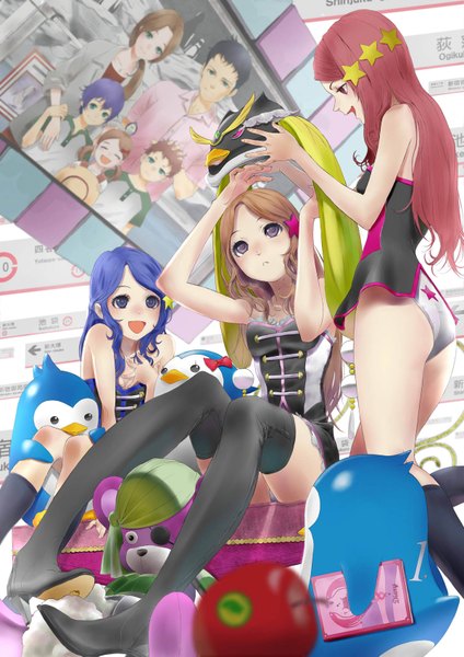 Anime picture 1200x1697 with mawaru penguindrum takakura himari utada hikari isora hibari long hair tall image open mouth blue eyes smile brown hair purple eyes multiple girls blue hair red hair girl thighhighs hair ornament black thighhighs socks star (symbol)