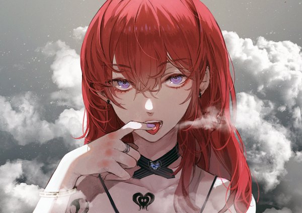 Anime picture 1000x707 with original kim eb single long hair looking at viewer fringe open mouth hair between eyes purple eyes upper body red hair nail polish teeth tattoo gradient background finger to mouth smoke body blush purple nail polish girl