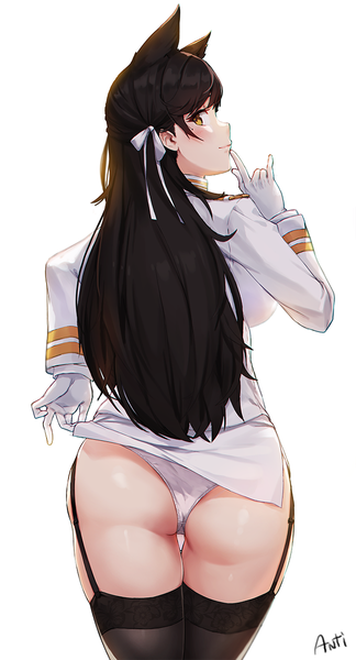 Anime picture 649x1200 with azur lane atago (azur lane) nuclear warhead (anti) single long hair tall image looking at viewer fringe light erotic black hair simple background standing white background signed animal ears yellow eyes ass profile looking back from behind