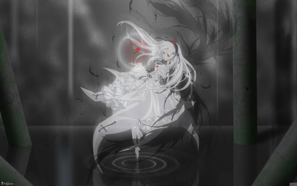 Anime picture 2560x1600 with rozen maiden suigintou solwyvern ishii kumi single long hair highres red eyes wide image signed white hair long sleeves parted lips wallpaper monochrome vector third-party edit ripples alternate color girl