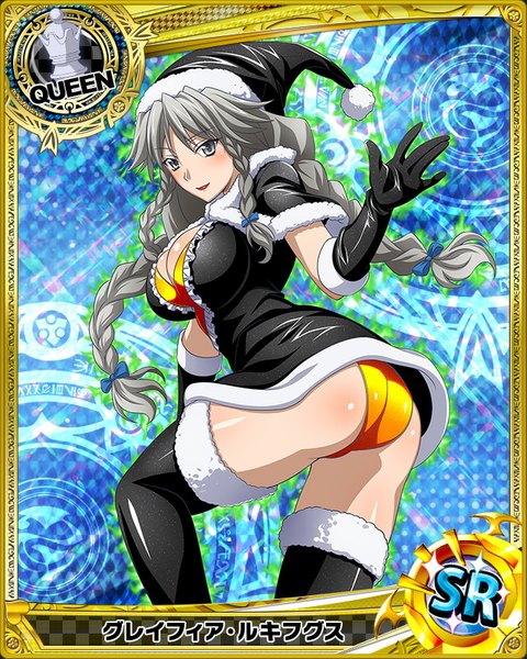 Anime picture 640x800 with highschool dxd grayfia lucifuge single long hair tall image looking at viewer blush breasts light erotic large breasts braid (braids) grey hair grey eyes fur trim christmas card (medium) girl thighhighs dress gloves