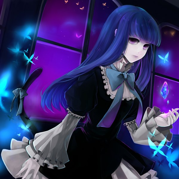 Anime picture 1000x1000 with umineko no naku koro ni frederica bernkastel kantori (pixiv) single long hair purple eyes purple hair tail girl dress frills window bowtie insect butterfly crystal