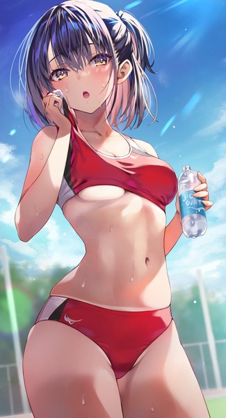 Anime picture 650x1200 with original pocari sweat tomose shunsaku single tall image blush fringe short hair breasts open mouth light erotic black hair hair between eyes standing holding yellow eyes looking away sky cloud (clouds) outdoors