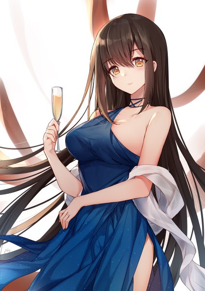 Anime picture 1000x1415 with warship girls r hermes (warship girls r) bison cangshu single tall image looking at viewer blush fringe breasts light erotic simple background smile hair between eyes brown hair large breasts standing white background bare shoulders holding yellow eyes