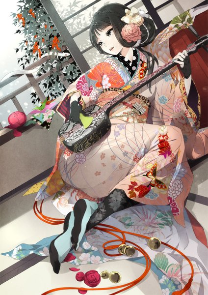 Anime picture 707x1000 with original gin (oyoyo) single long hair tall image fringe open mouth black hair braid (braids) traditional clothes japanese clothes hair flower black eyes pale skin playing instrument girl hair ornament flower (flowers) plant (plants) petals