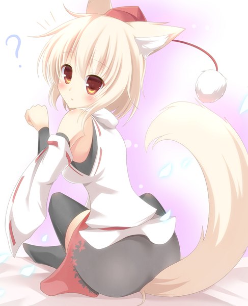 Anime picture 1791x2205 with touhou inubashiri momiji aibumi tall image highres short hair animal ears white hair animal tail orange eyes paw pose ? girl thighhighs skirt black thighhighs hat detached sleeves miniskirt