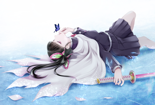 Anime picture 1184x800 with kimetsu no yaiba ufotable tsuyuri kanao hamiya single long hair fringe black hair signed lying blunt bangs profile pink eyes on back twitter username side ponytail butterfly on hand girl uniform hair ornament