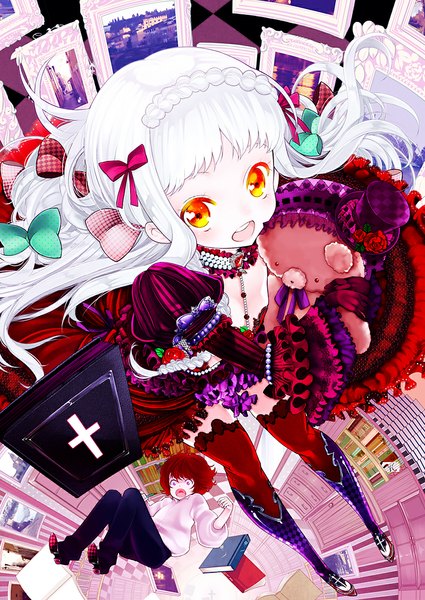 Anime picture 800x1130 with original sakiyo cake long hair tall image looking at viewer short hair open mouth white hair red hair loli orange eyes girl thighhighs dress bow hair bow boots frills book (books) toy